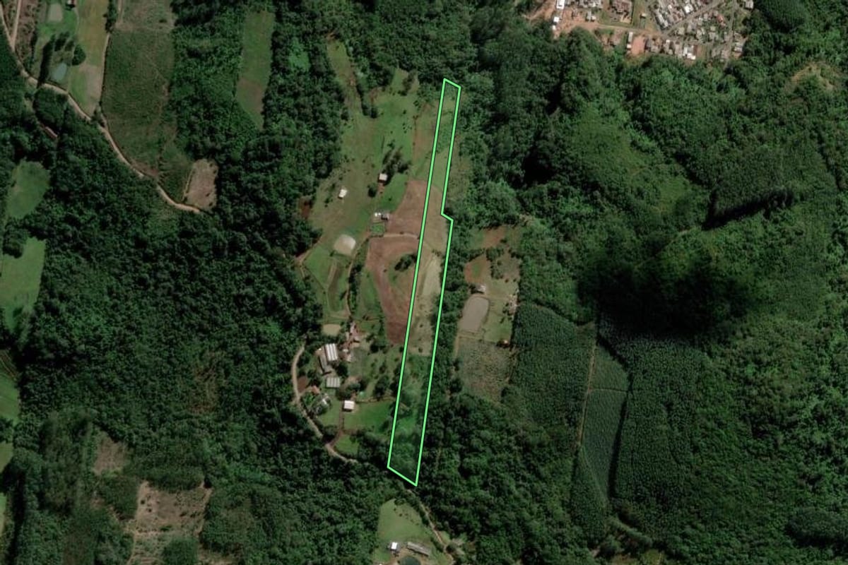 Imagem de satélite do imóvel rural em Estância Velha (RS), com o contorno declarado no CAR desenhado por cima.