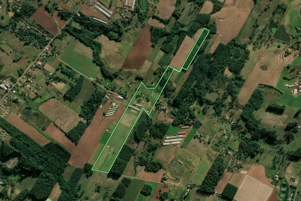 Imagem de satélite do imóvel rural em Estrela (RS), com o contorno declarado no CAR desenhado por cima.