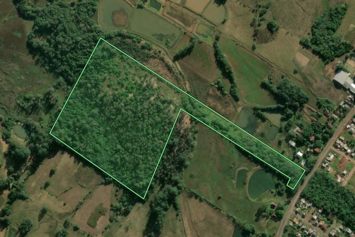 Imagem de satélite do imóvel rural em Estrela (RS), com o contorno declarado no CAR desenhado por cima.