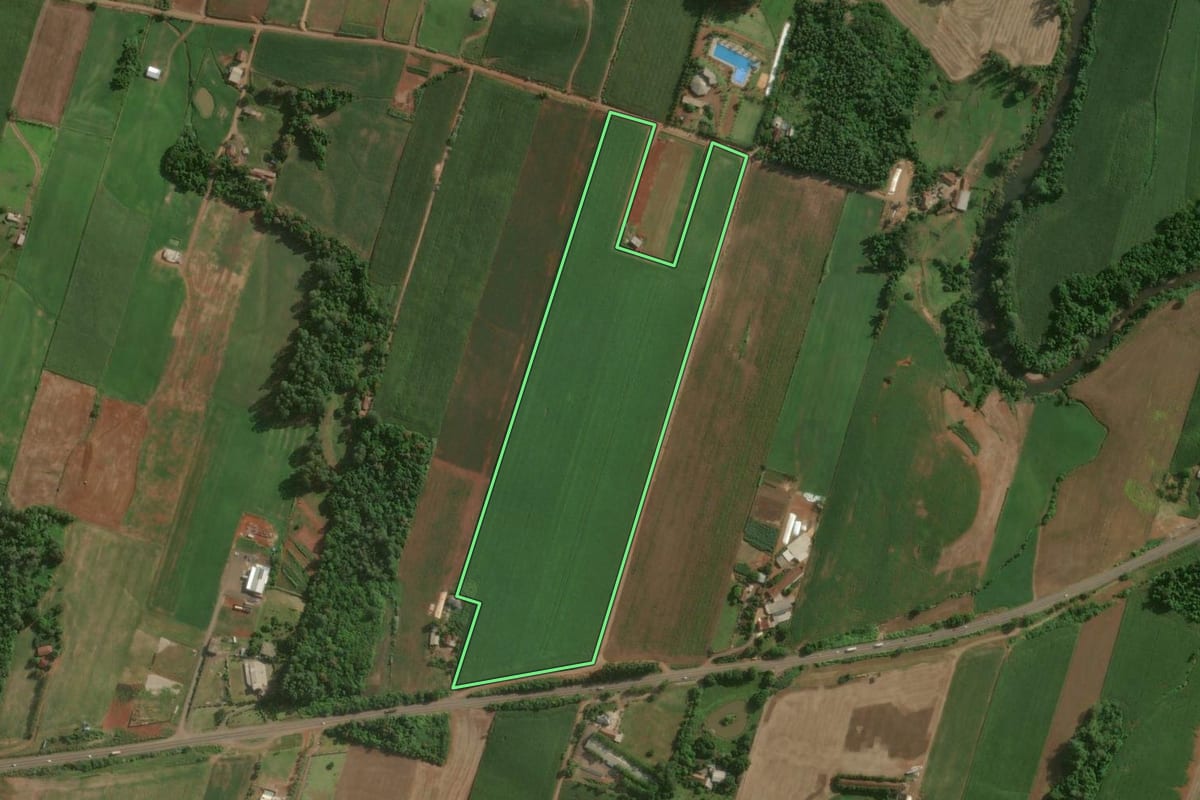 Imagem de satélite do imóvel rural em Estrela (RS), com o contorno declarado no CAR desenhado por cima.