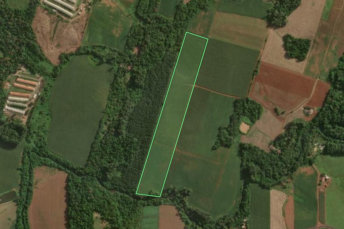 Imagem de satélite do imóvel rural em Estrela (RS), com o contorno declarado no CAR desenhado por cima.