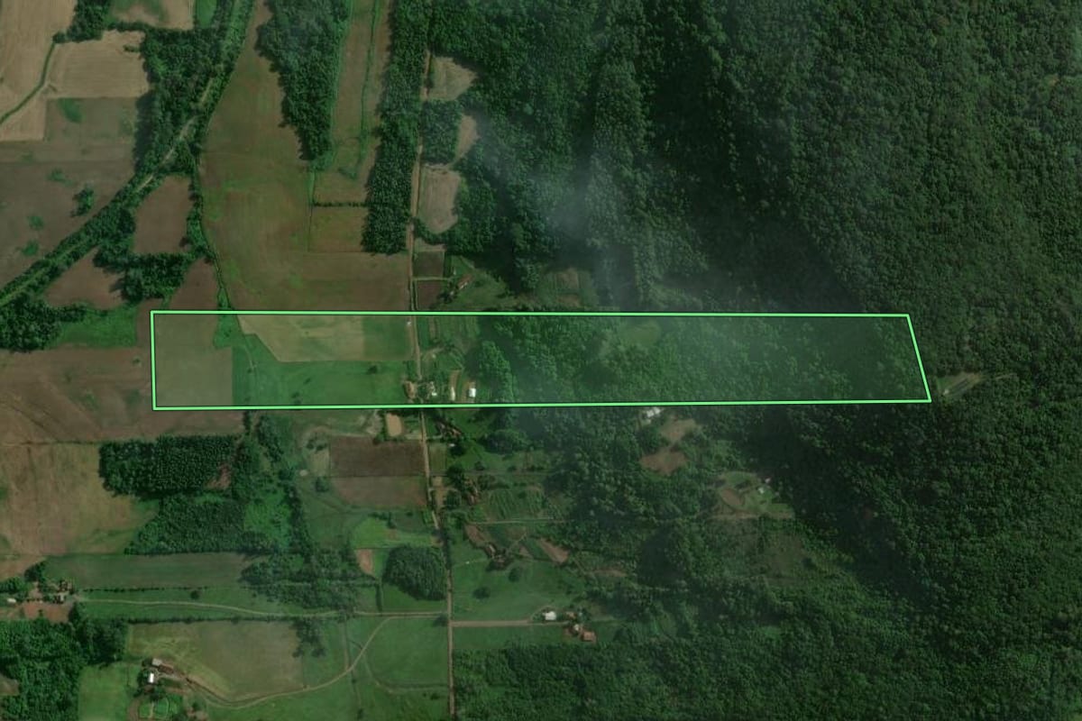 Imagem de satélite do imóvel rural em Estrela (RS), com o contorno declarado no CAR desenhado por cima.