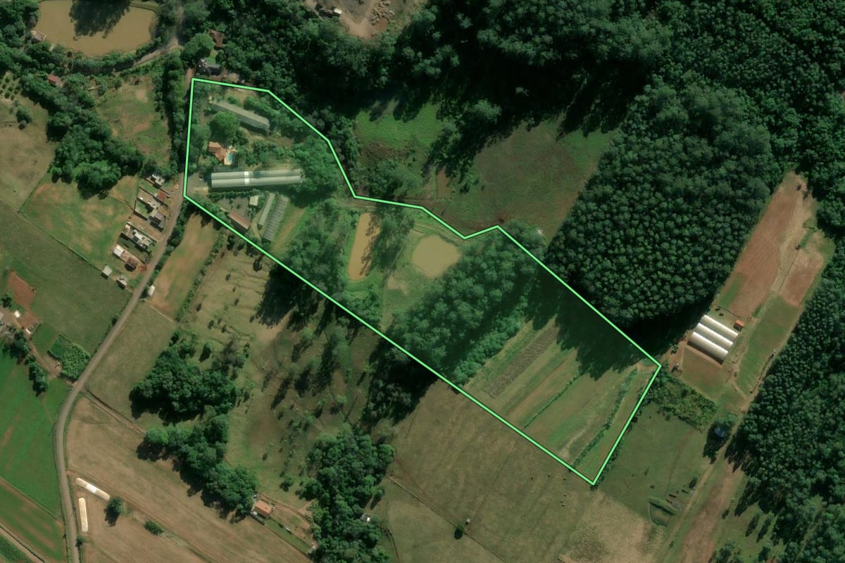Imagem de satélite do imóvel rural em Estrela (RS), com o contorno declarado no CAR desenhado por cima.