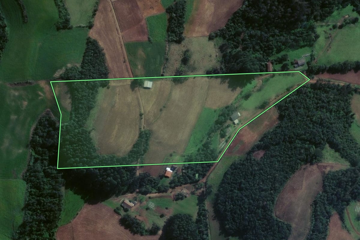 Imagem de satélite do imóvel rural em Estrela Velha (RS), com o contorno declarado no CAR desenhado por cima.