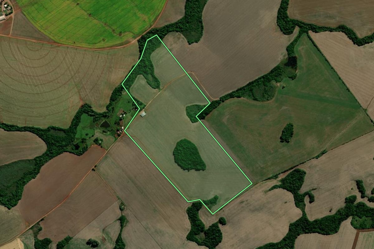 Imagem de satélite do imóvel rural em Estrela Velha (RS), com o contorno declarado no CAR desenhado por cima.