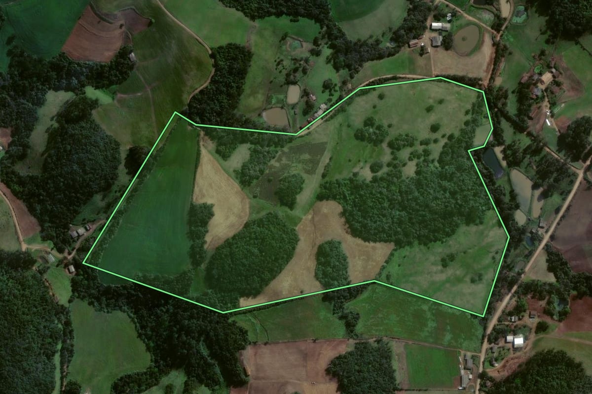 Imagem de satélite do imóvel rural em Estrela Velha (RS), com o contorno declarado no CAR desenhado por cima.