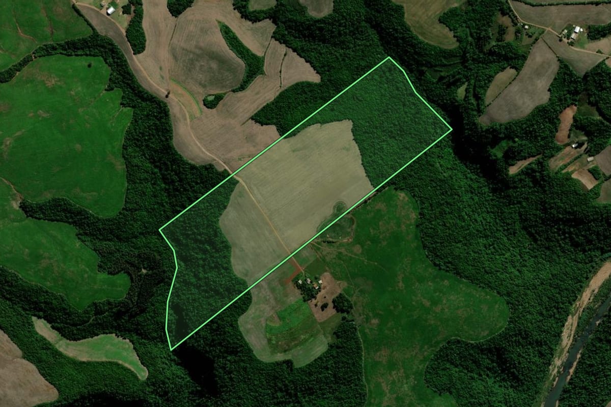 Imagem de satélite do imóvel rural em Estrela Velha (RS), com o contorno declarado no CAR desenhado por cima.