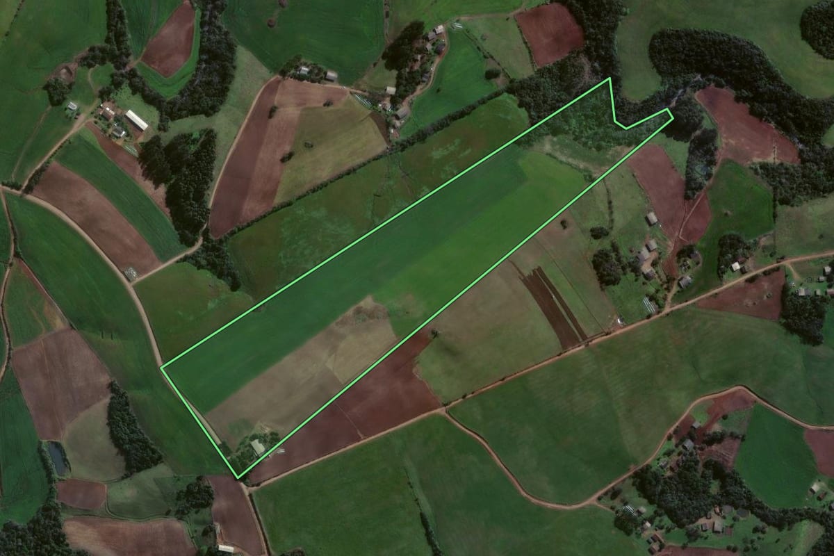 Imagem de satélite do imóvel rural em Estrela Velha (RS), com o contorno declarado no CAR desenhado por cima.