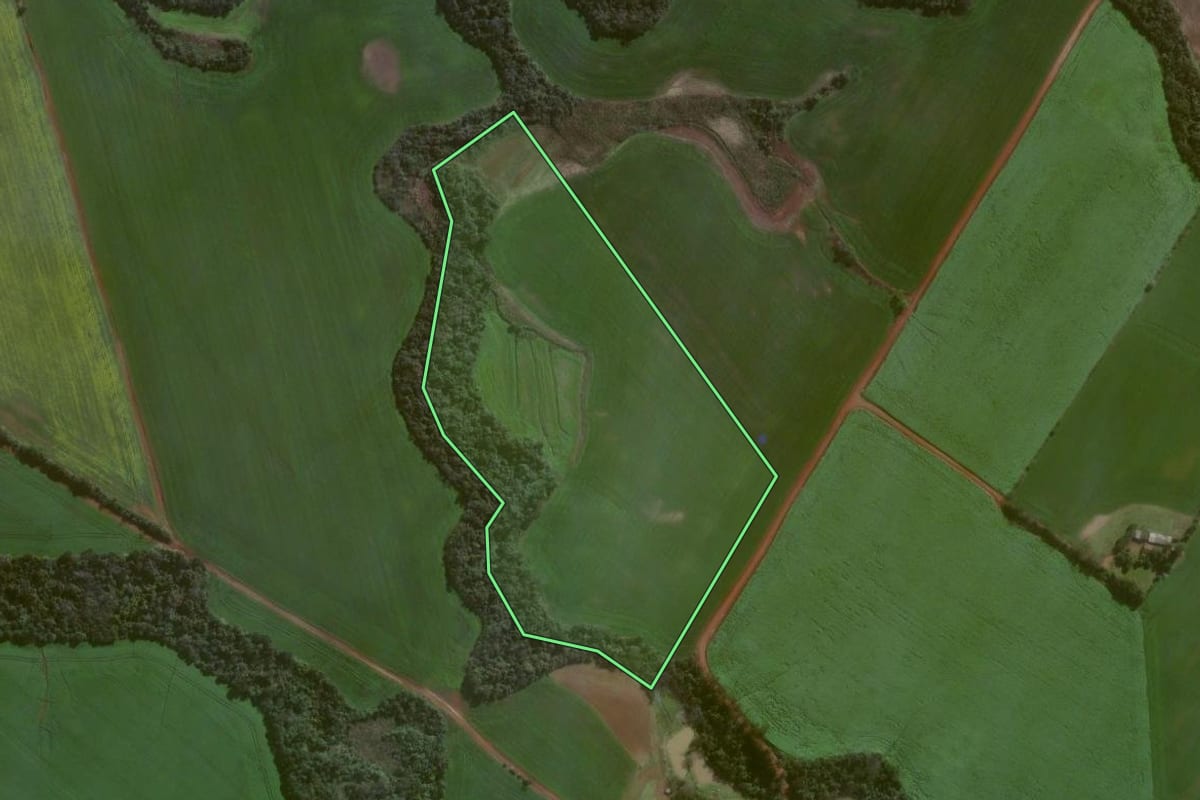 Imagem de satélite do imóvel rural em Estrela Velha (RS), com o contorno declarado no CAR desenhado por cima.