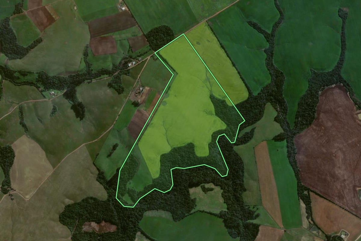 Imagem de satélite do imóvel rural em Estrela Velha (RS), com o contorno declarado no CAR desenhado por cima.