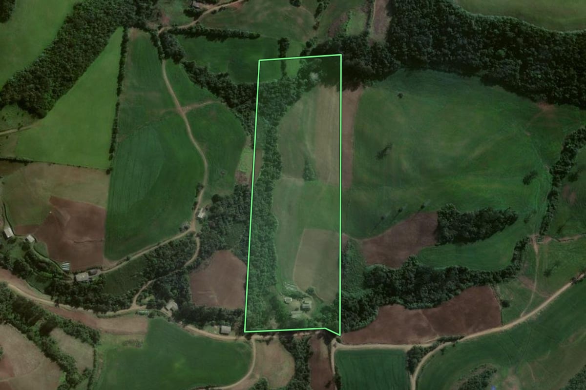 Imagem de satélite do imóvel rural em Estrela Velha (RS), com o contorno declarado no CAR desenhado por cima.