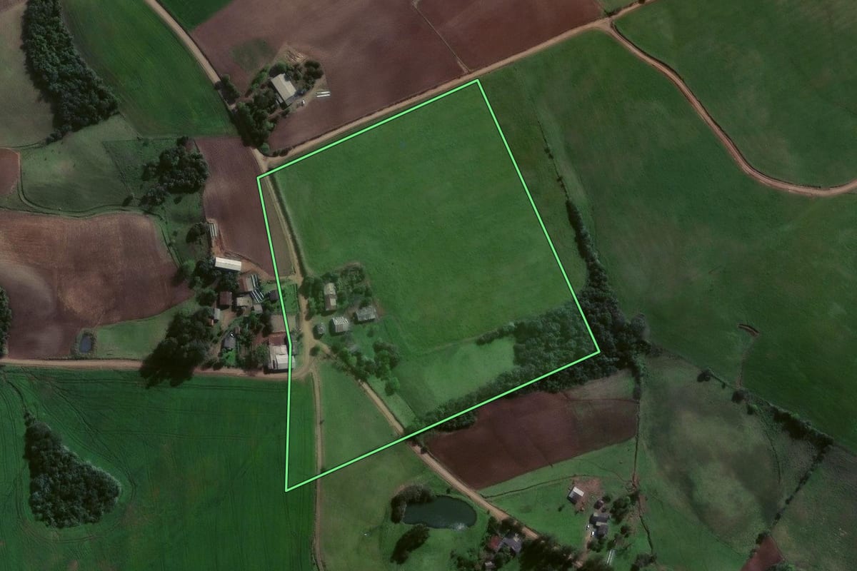 Imagem de satélite do imóvel rural em Estrela Velha (RS), com o contorno declarado no CAR desenhado por cima.