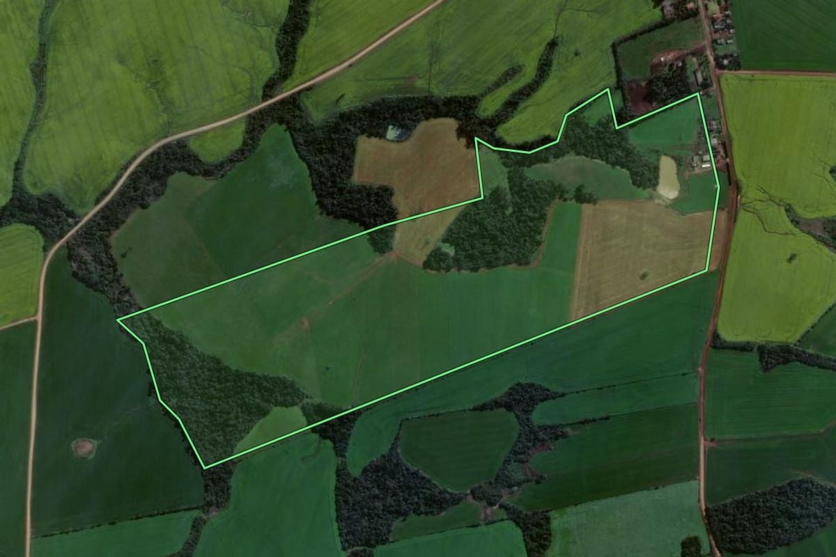Imagem de satélite do imóvel rural em Estrela Velha (RS), com o contorno declarado no CAR desenhado por cima.