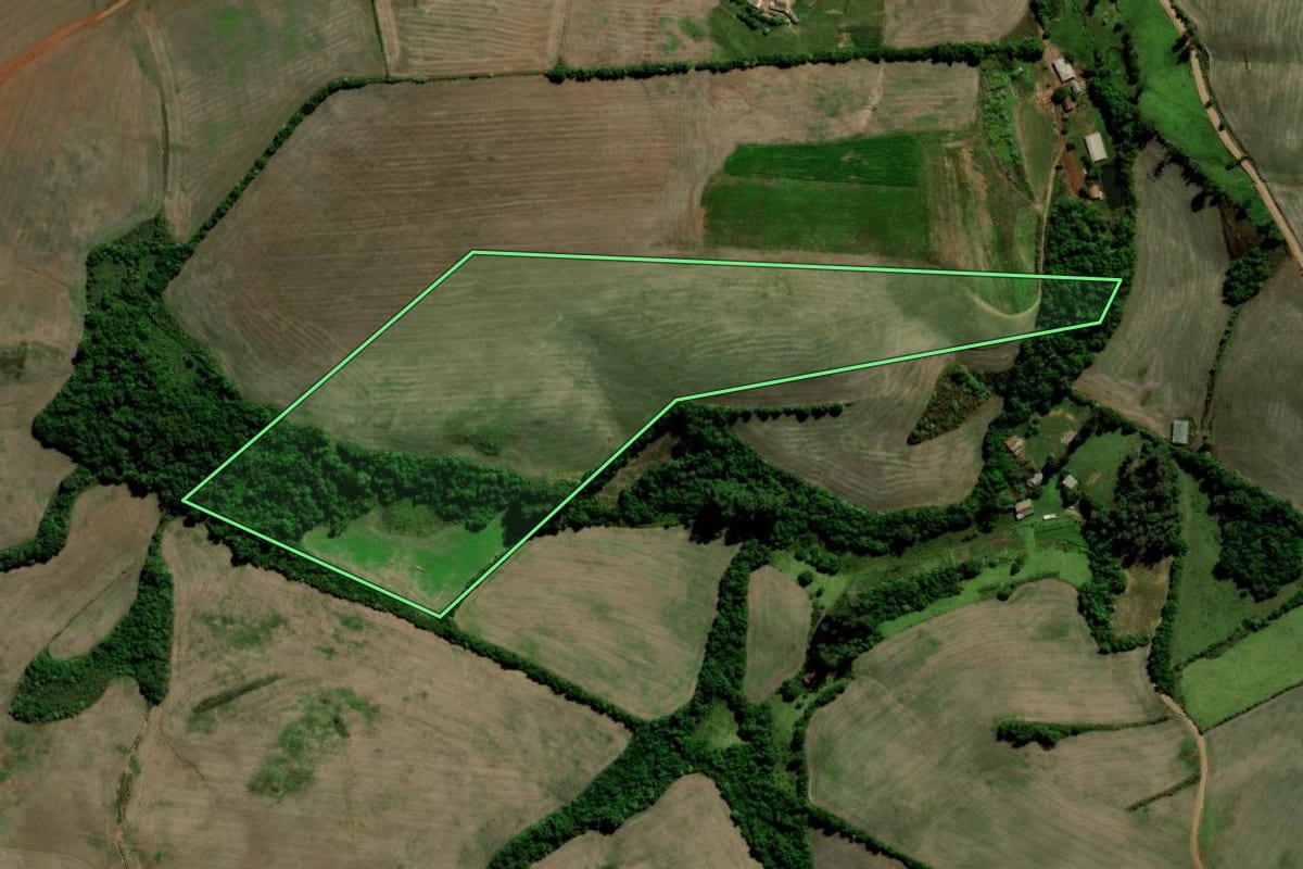 Imagem de satélite do imóvel rural em Estrela Velha (RS), com o contorno declarado no CAR desenhado por cima.