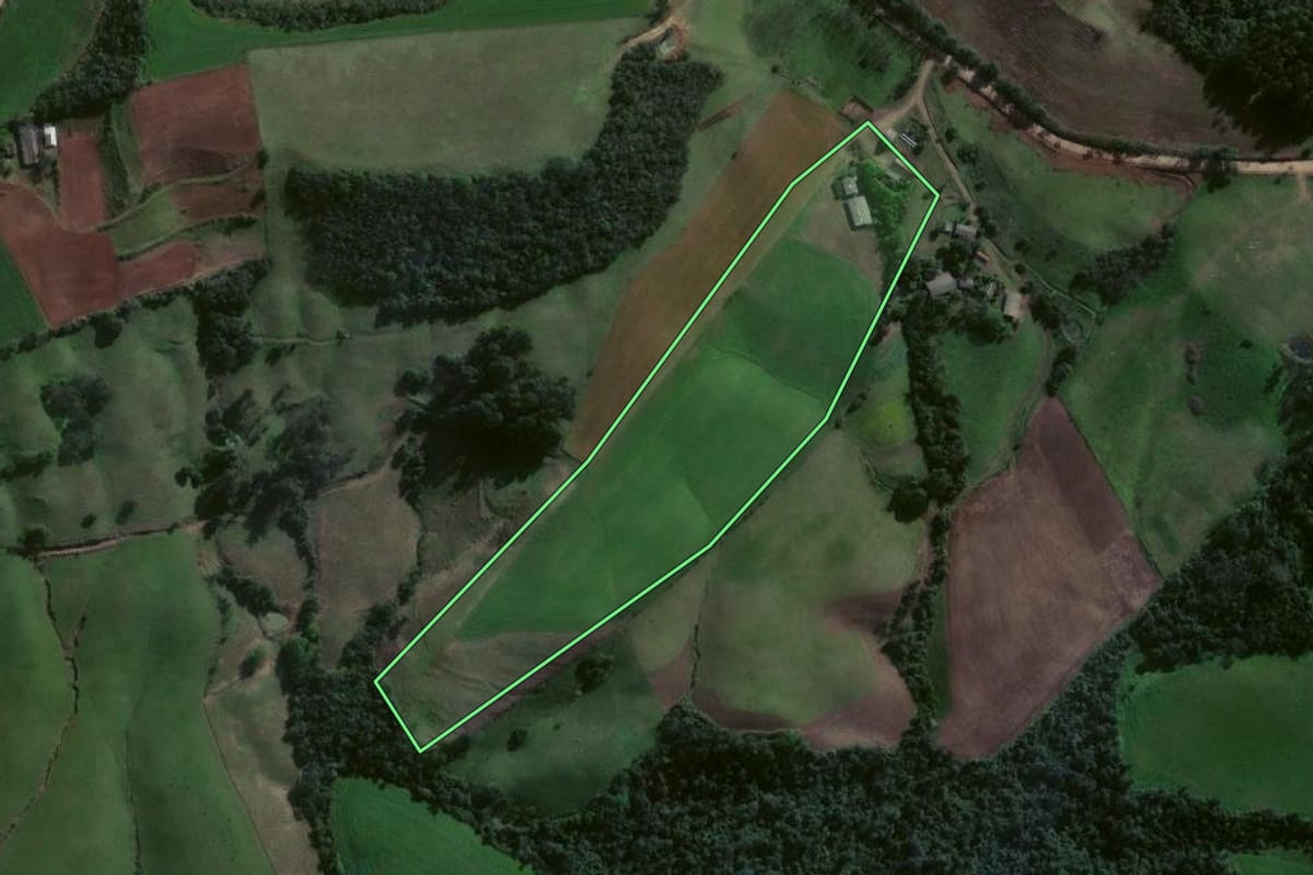 Imagem de satélite do imóvel rural em Estrela Velha (RS), com o contorno declarado no CAR desenhado por cima.