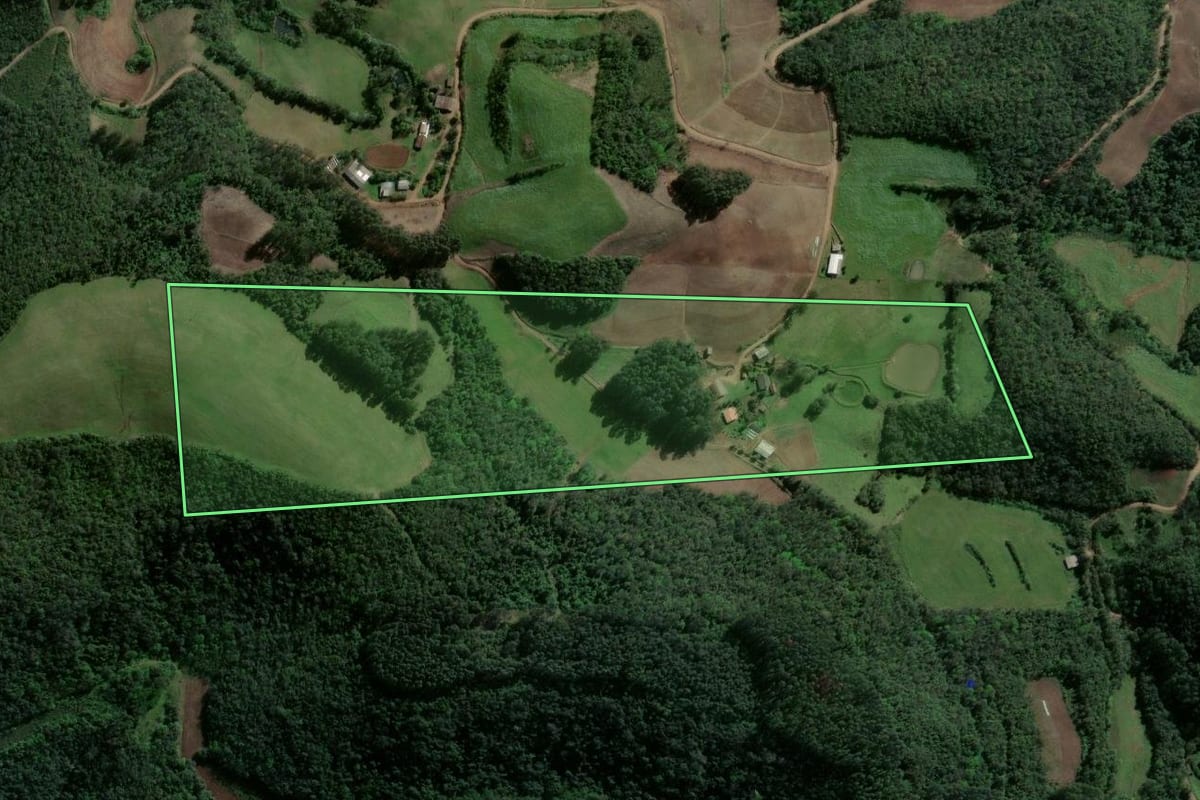 Imagem de satélite do imóvel rural em Estrela Velha (RS), com o contorno declarado no CAR desenhado por cima.