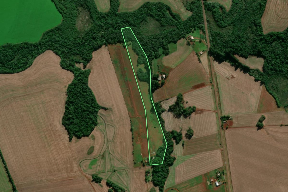 Imagem de satélite do imóvel rural em Eugênio de Castro (RS), com o contorno declarado no CAR desenhado por cima.