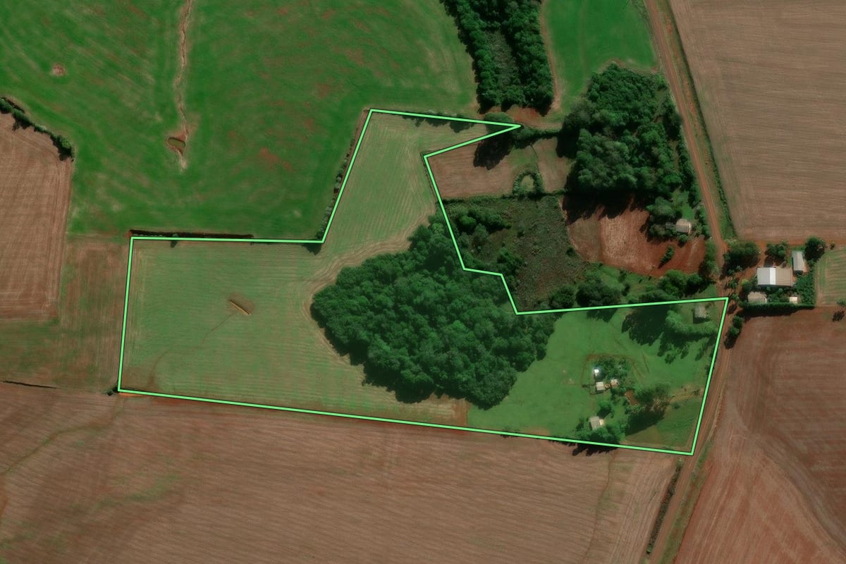 Imagem de satélite do imóvel rural em Eugênio de Castro (RS), com o contorno declarado no CAR desenhado por cima.