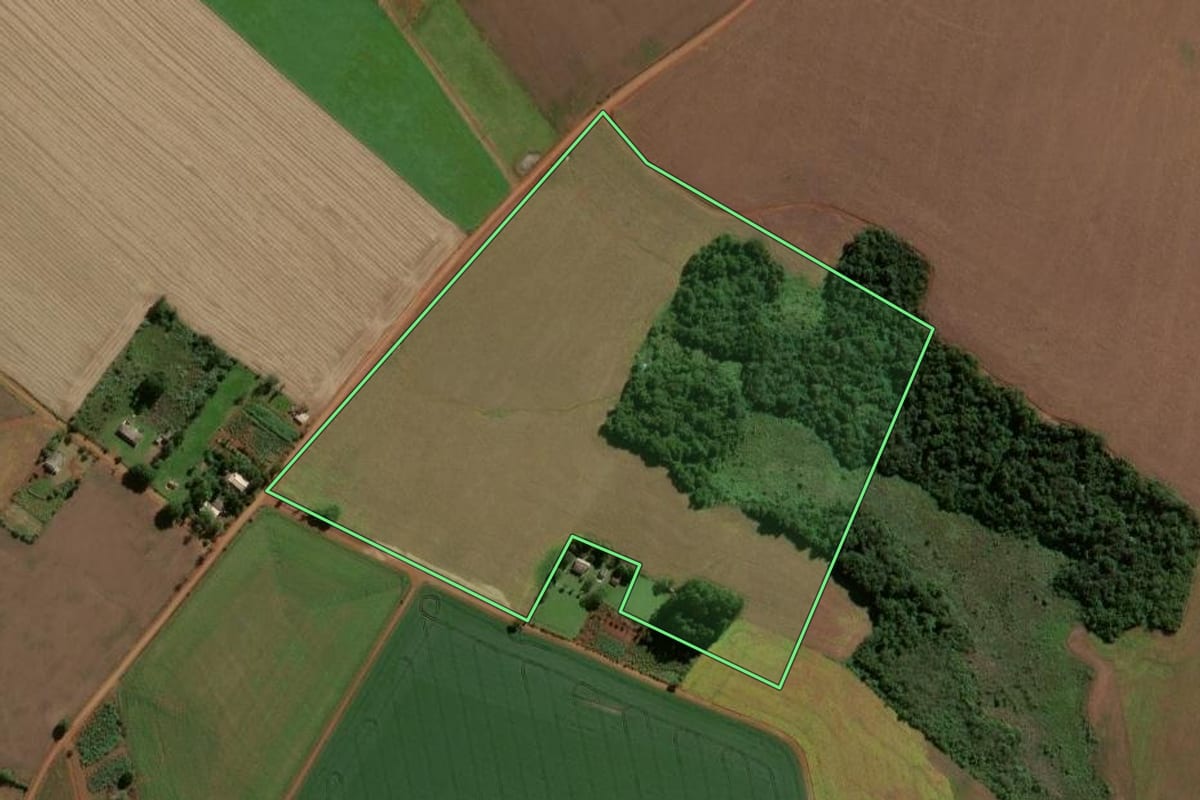 Imagem de satélite do imóvel rural em Eugênio de Castro (RS), com o contorno declarado no CAR desenhado por cima.