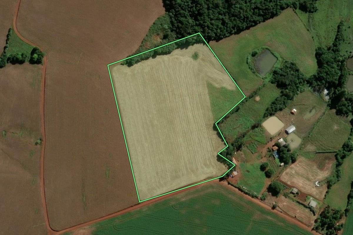 Imagem de satélite do imóvel rural em Eugênio de Castro (RS), com o contorno declarado no CAR desenhado por cima.
