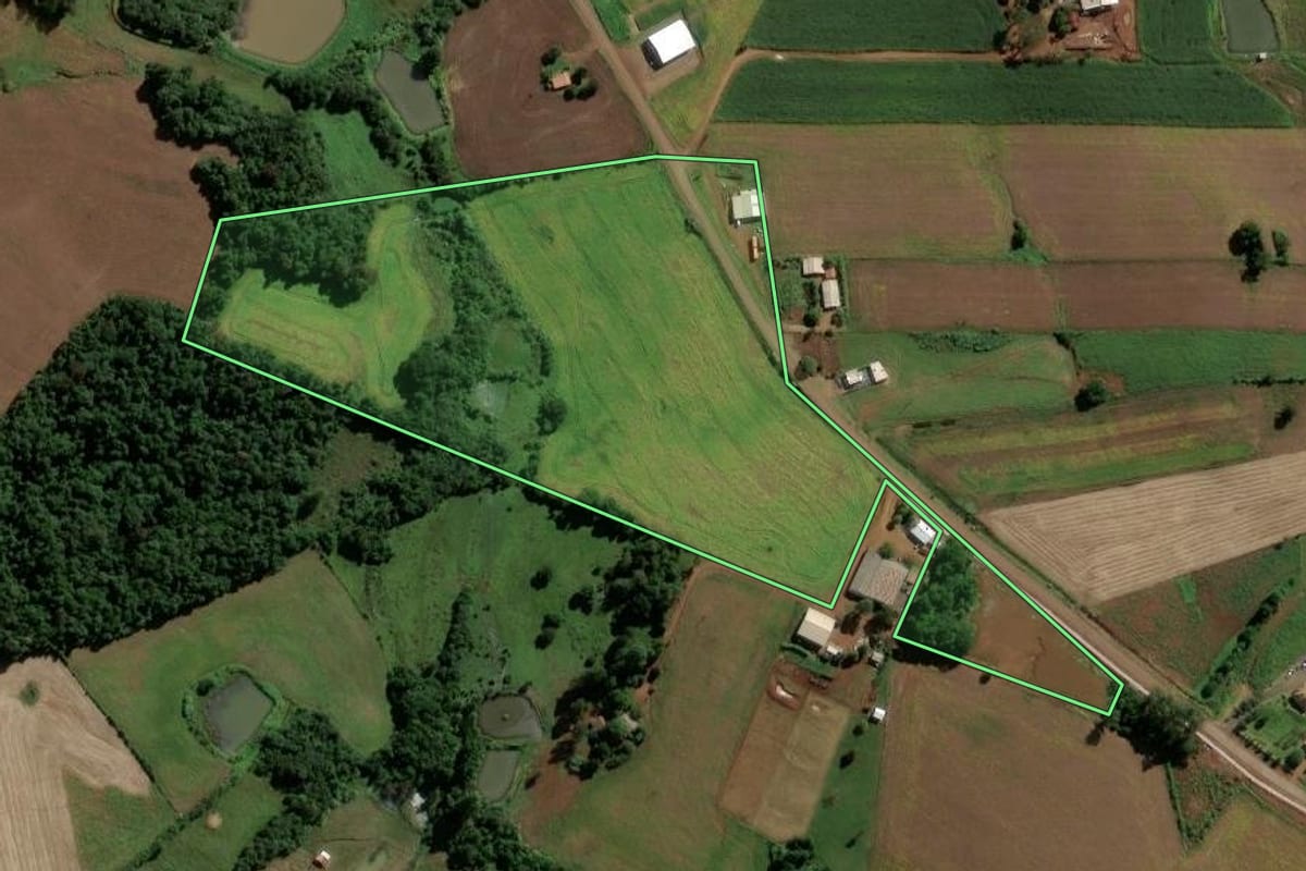 Imagem de satélite do imóvel rural em Eugênio de Castro (RS), com o contorno declarado no CAR desenhado por cima.