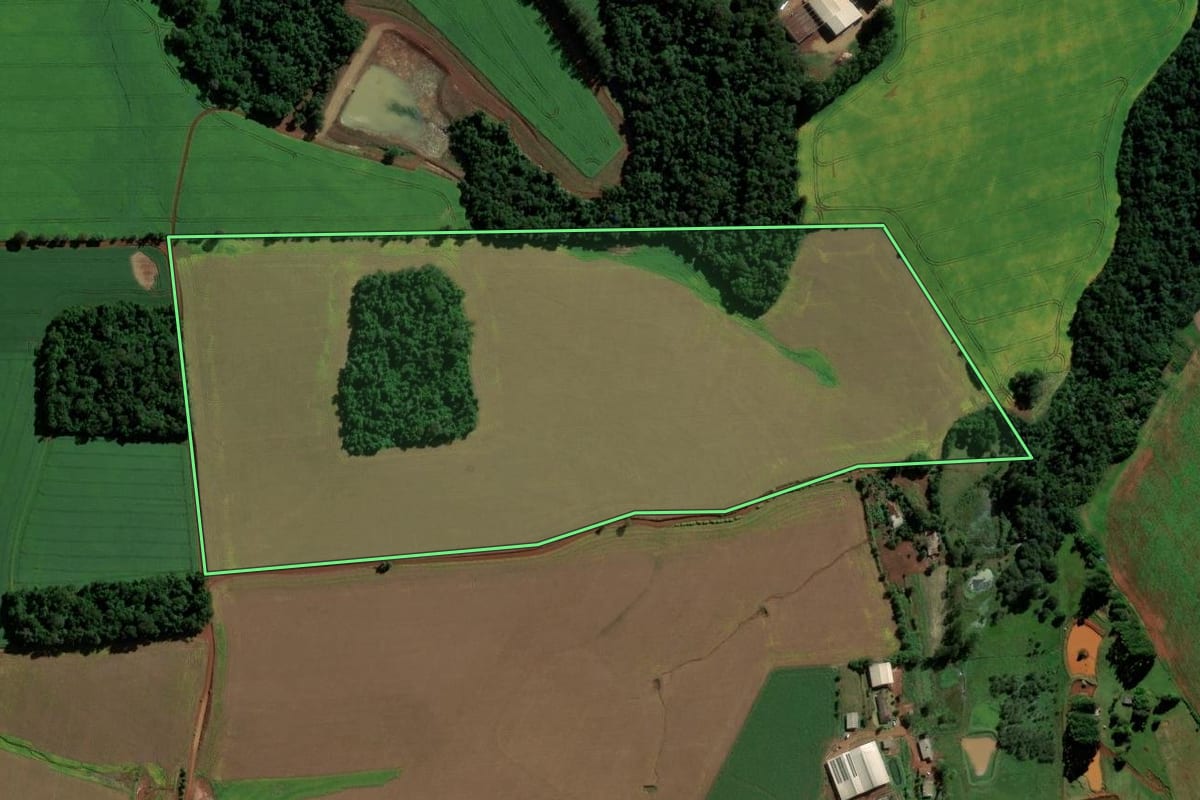 Imagem de satélite do imóvel rural em Eugênio de Castro (RS), com o contorno declarado no CAR desenhado por cima.
