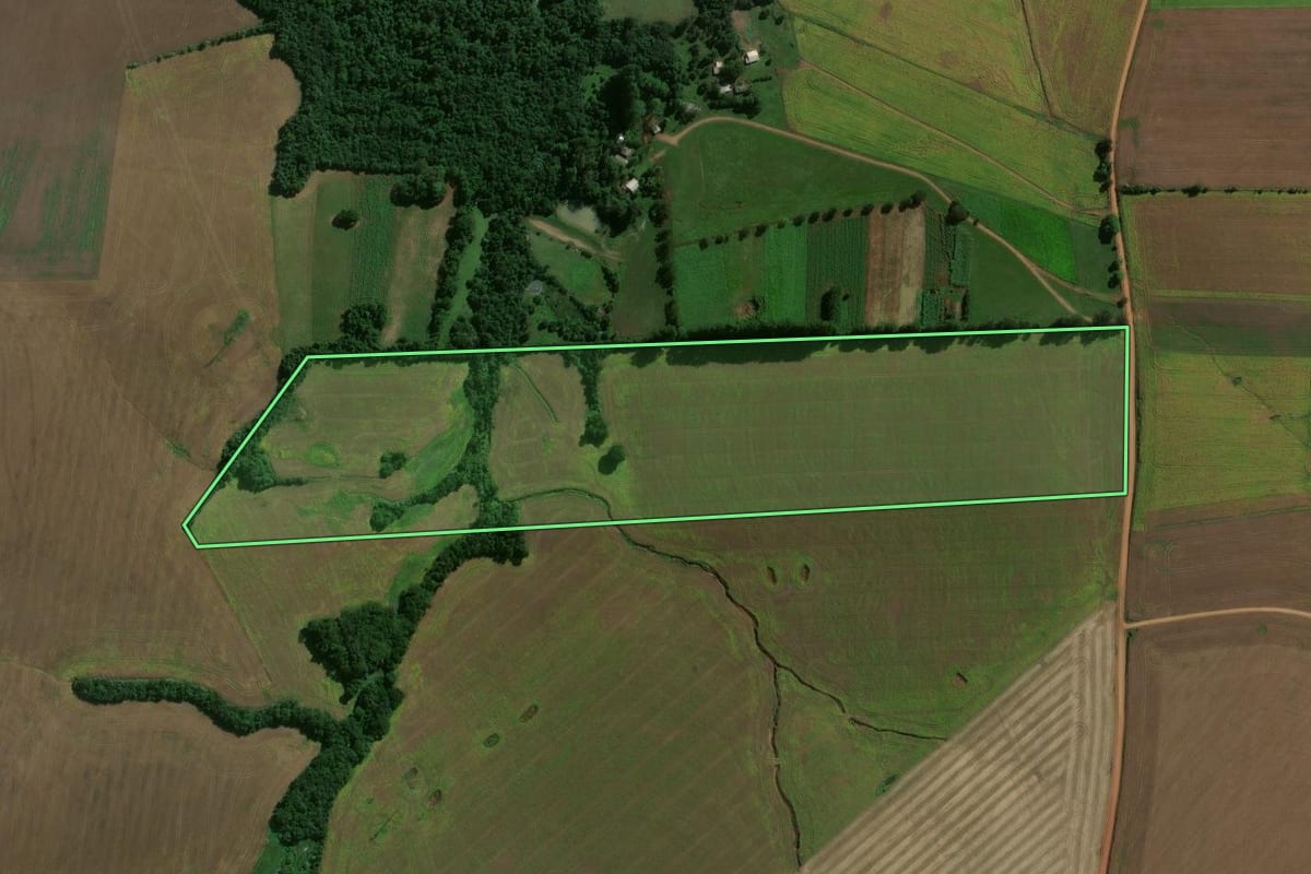 Imagem de satélite do imóvel rural em Eugênio de Castro (RS), com o contorno declarado no CAR desenhado por cima.