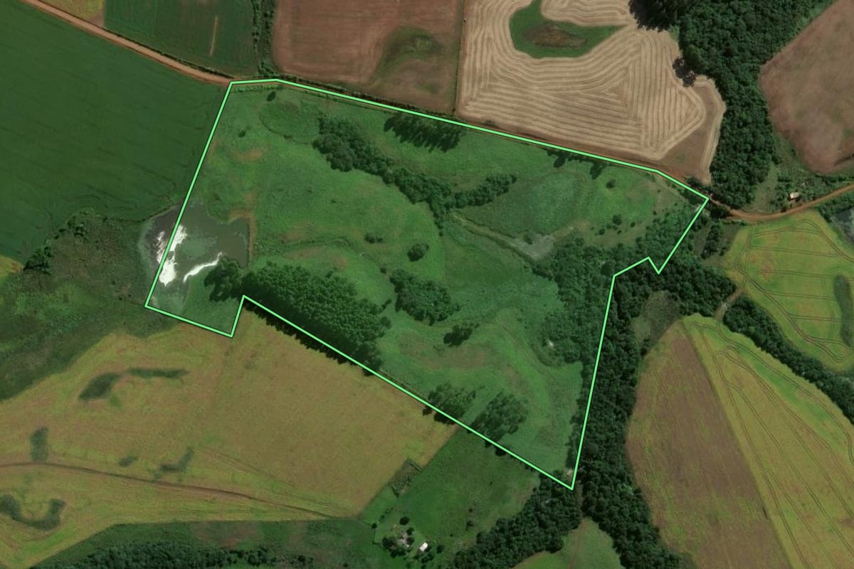 Imagem de satélite do imóvel rural em Eugênio de Castro (RS), com o contorno declarado no CAR desenhado por cima.