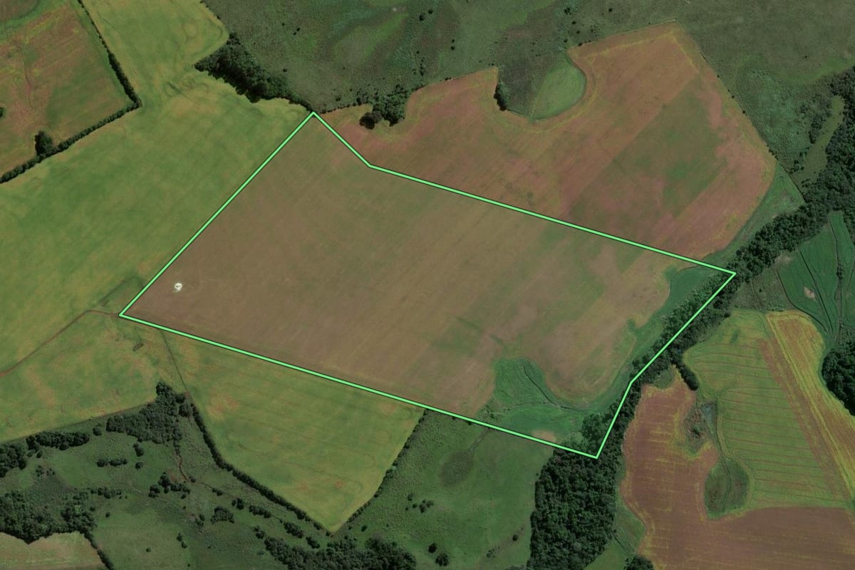 Imagem de satélite do imóvel rural em Eugênio de Castro (RS), com o contorno declarado no CAR desenhado por cima.