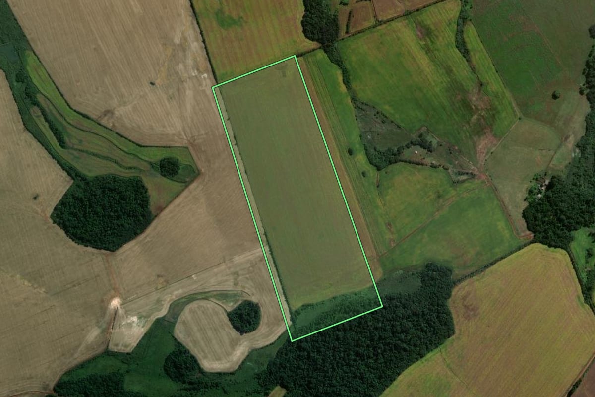 Imagem de satélite do imóvel rural em Eugênio de Castro (RS), com o contorno declarado no CAR desenhado por cima.