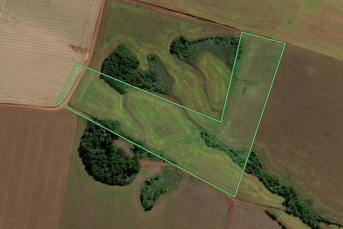 Imagem de satélite do imóvel rural em Eugênio de Castro (RS), com o contorno declarado no CAR desenhado por cima.