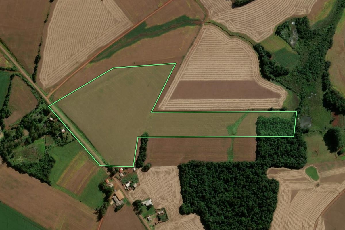 Imagem de satélite do imóvel rural em Eugênio de Castro (RS), com o contorno declarado no CAR desenhado por cima.