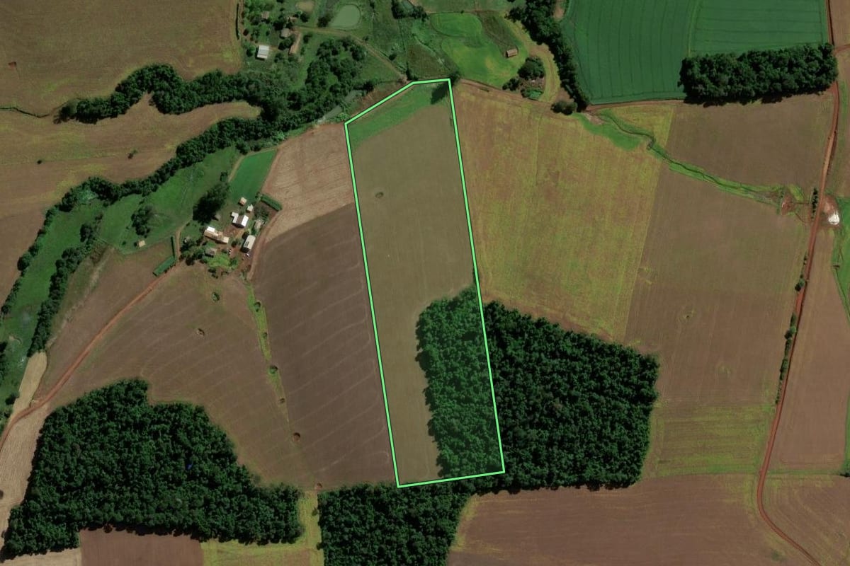Imagem de satélite do imóvel rural em Eugênio de Castro (RS), com o contorno declarado no CAR desenhado por cima.