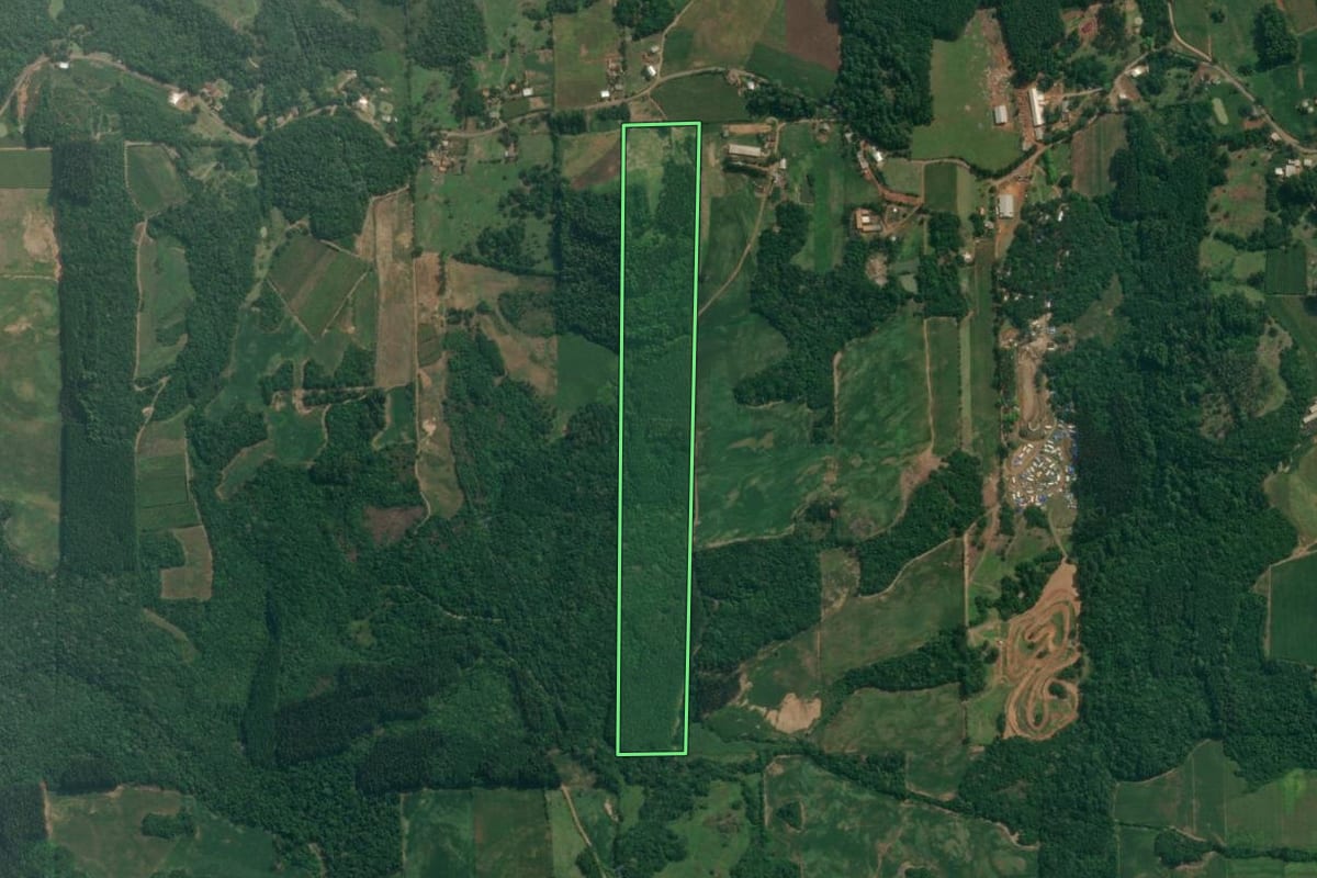Imagem de satélite do imóvel rural em Fagundes Varela (RS), com o contorno declarado no CAR desenhado por cima.