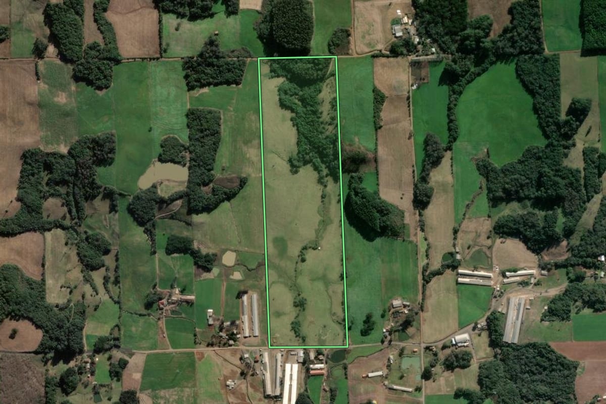Imagem de satélite do imóvel rural em Fagundes Varela (RS), com o contorno declarado no CAR desenhado por cima.