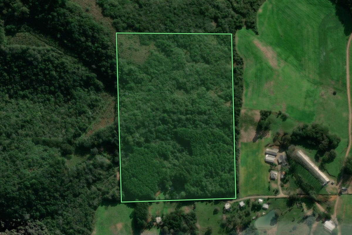Imagem de satélite do imóvel rural em Fagundes Varela (RS), com o contorno declarado no CAR desenhado por cima.