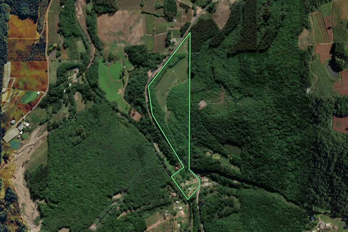 Imagem de satélite do imóvel rural em Farroupilha (RS), com o contorno declarado no CAR desenhado por cima.