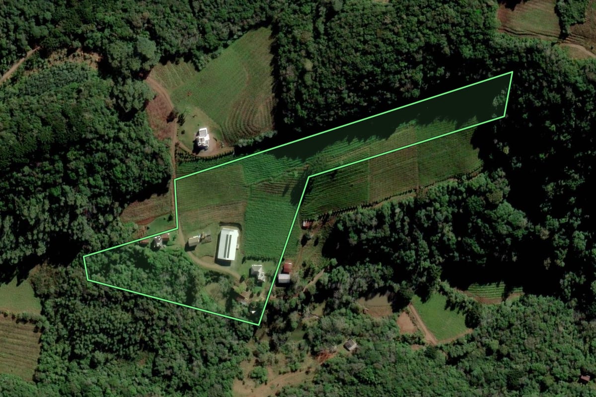Imagem de satélite do imóvel rural em Farroupilha (RS), com o contorno declarado no CAR desenhado por cima.