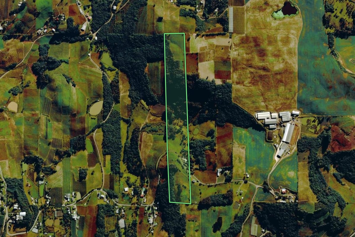 Imagem de satélite do imóvel rural em Farroupilha (RS), com o contorno declarado no CAR desenhado por cima.