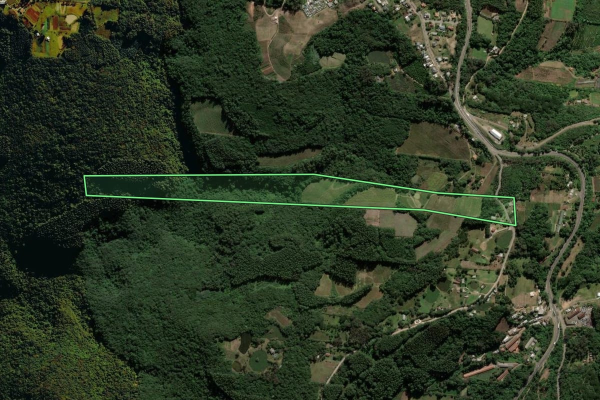 Imagem de satélite do imóvel rural em Farroupilha (RS), com o contorno declarado no CAR desenhado por cima.