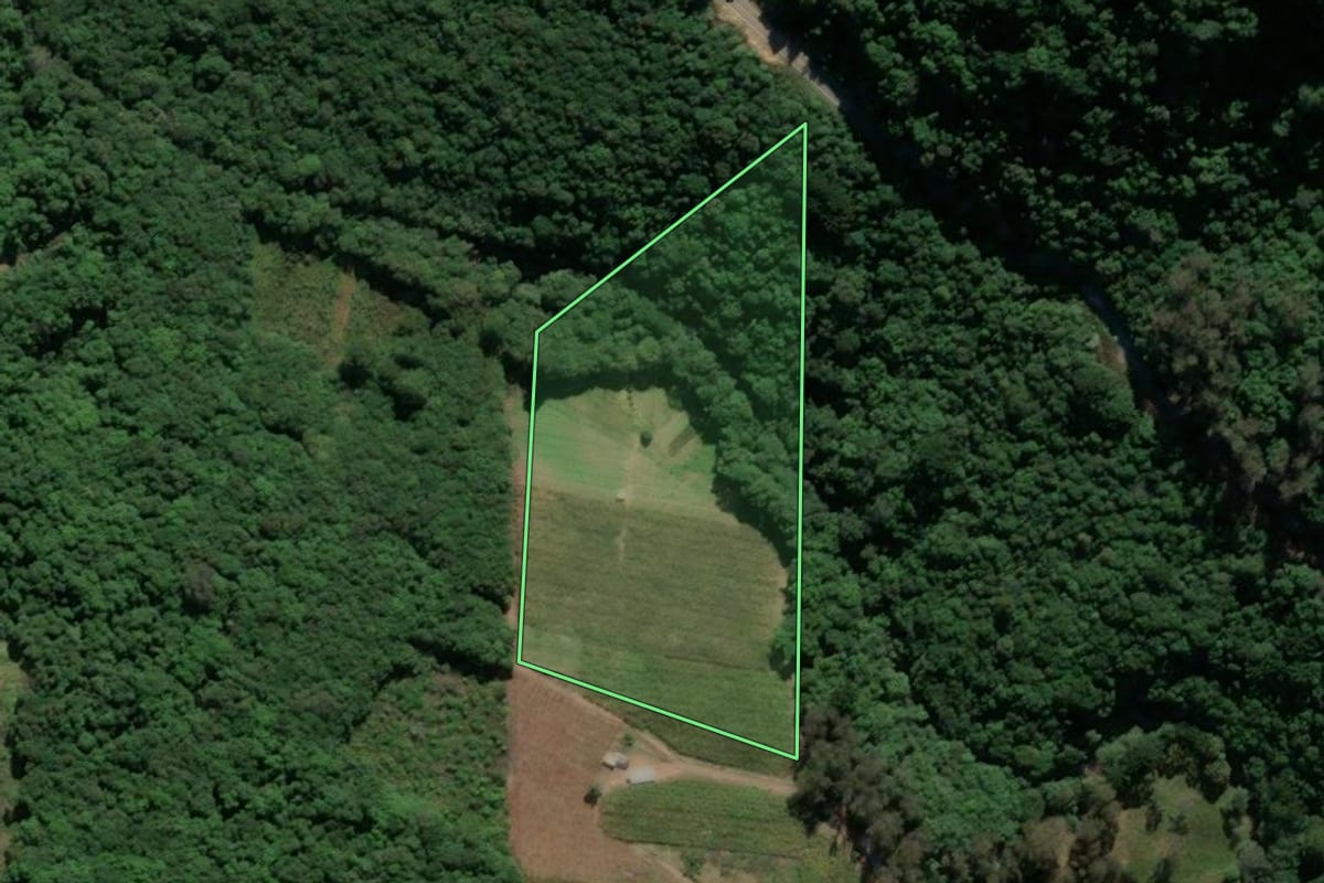 Imagem de satélite do imóvel rural em Farroupilha (RS), com o contorno declarado no CAR desenhado por cima.