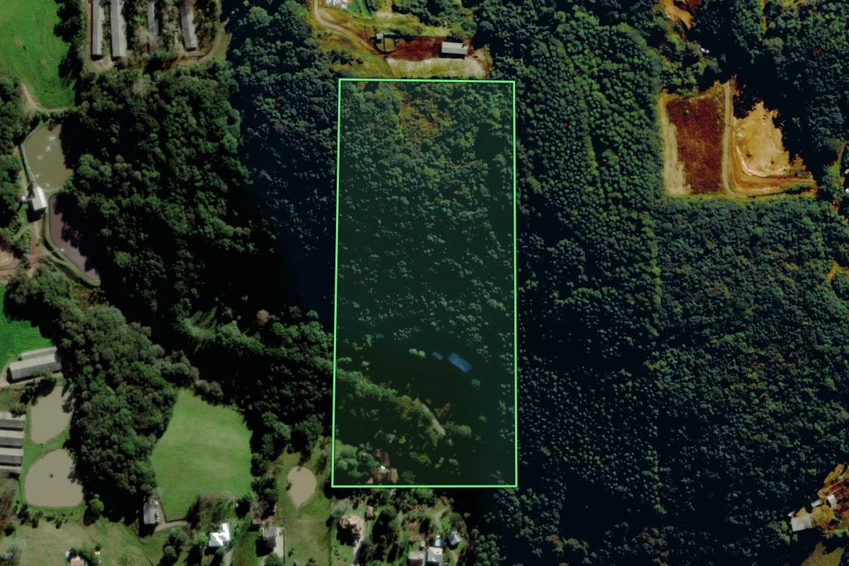 Imagem de satélite do imóvel rural em Farroupilha (RS), com o contorno declarado no CAR desenhado por cima.