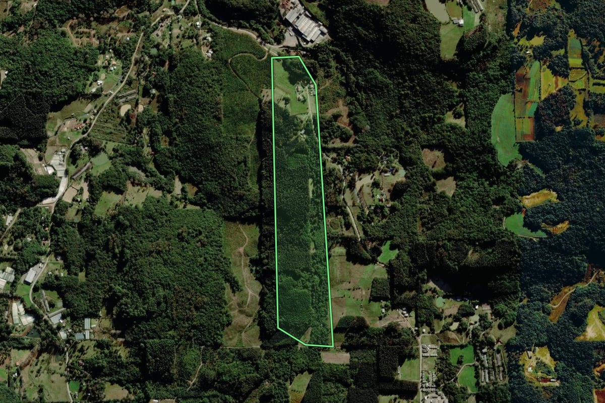 Imagem de satélite do imóvel rural em Farroupilha (RS), com o contorno declarado no CAR desenhado por cima.