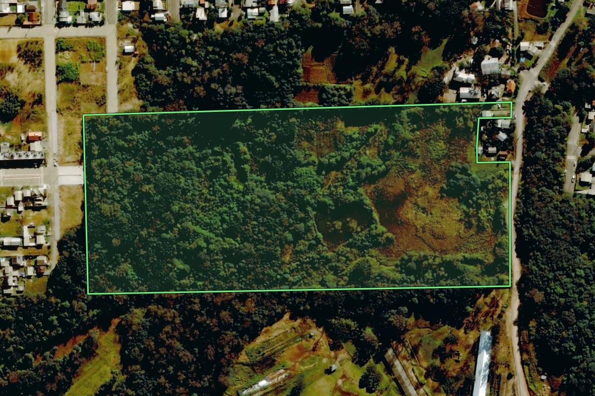 Imagem de satélite do imóvel rural em Farroupilha (RS), com o contorno declarado no CAR desenhado por cima.