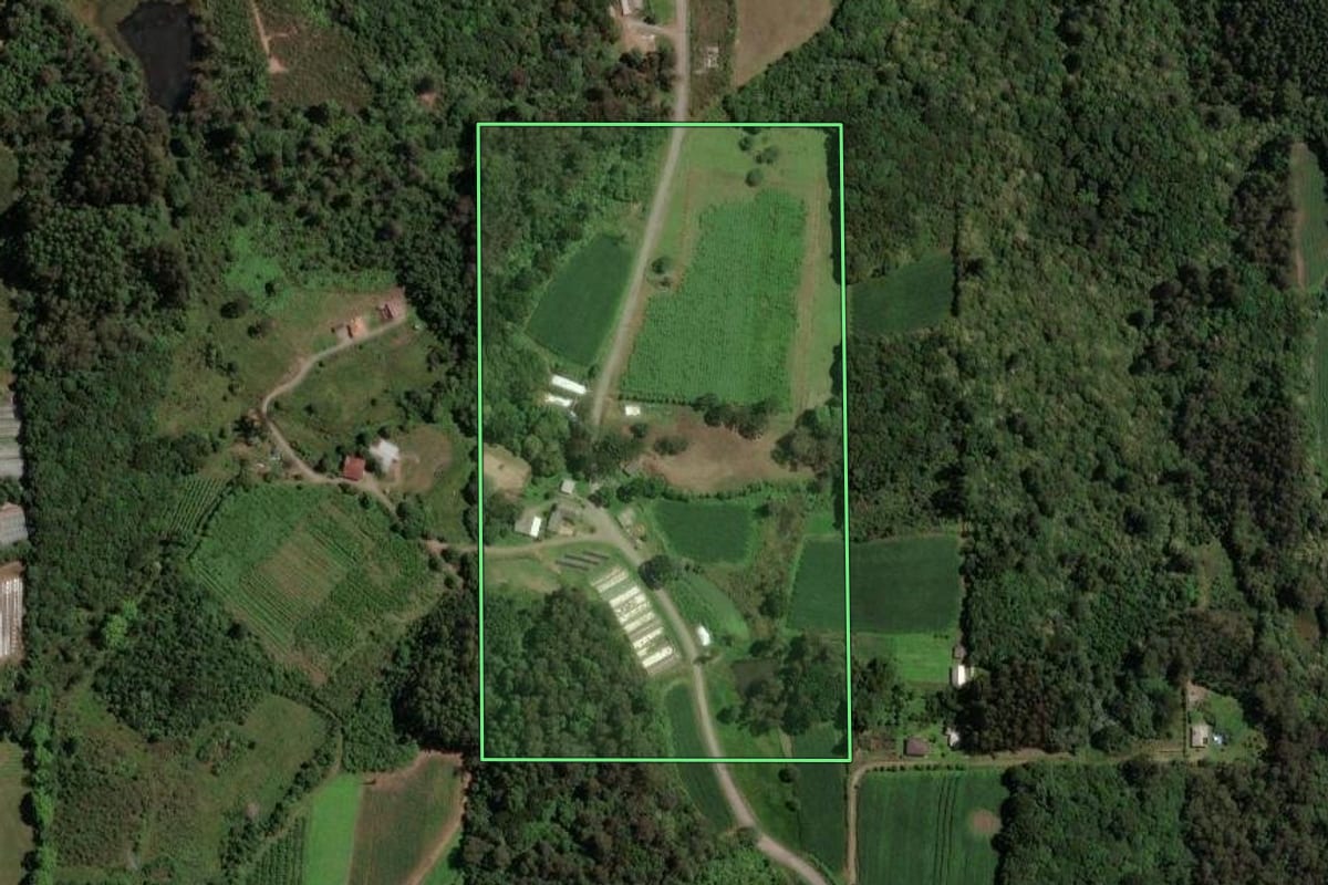 Imagem de satélite do imóvel rural em Farroupilha (RS), com o contorno declarado no CAR desenhado por cima.