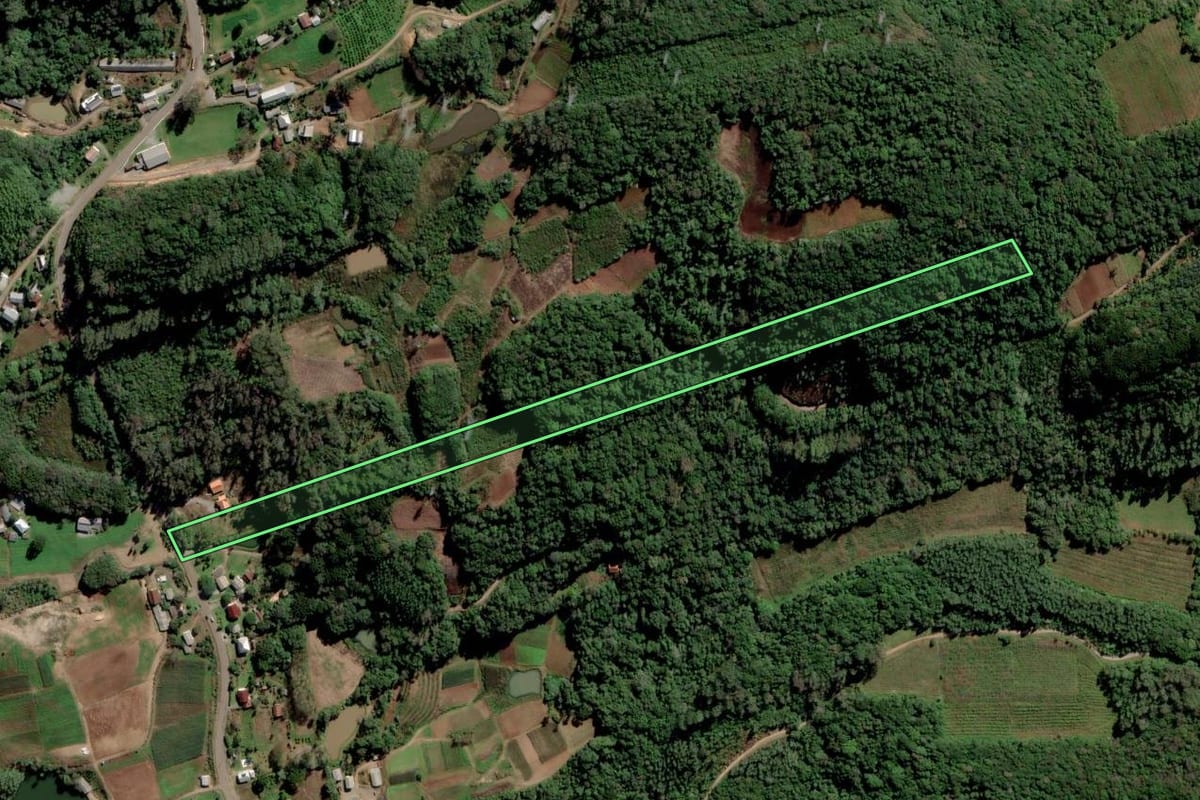 Imagem de satélite do imóvel rural em Farroupilha (RS), com o contorno declarado no CAR desenhado por cima.