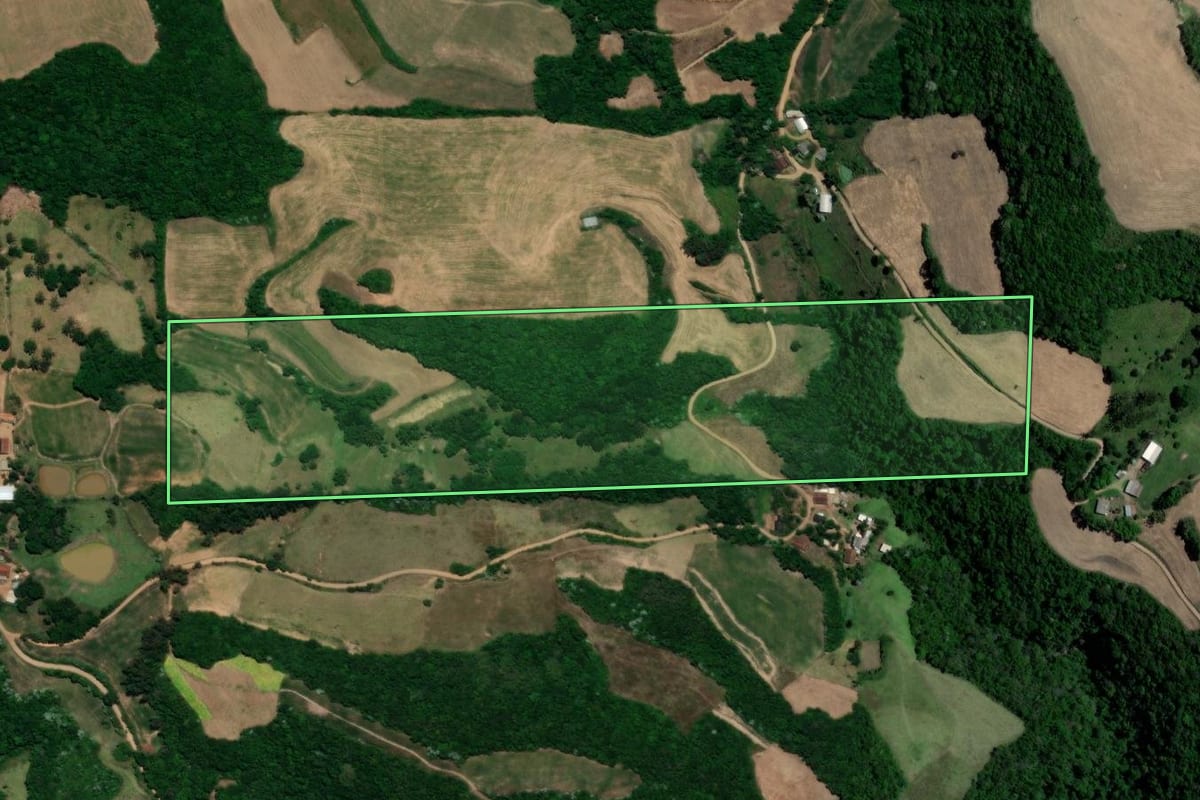 Imagem de satélite do imóvel rural em Faxinal do Soturno (RS), com o contorno declarado no CAR desenhado por cima.