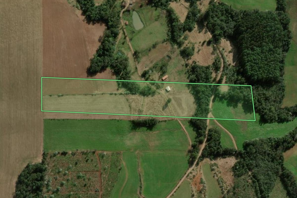 Imagem de satélite do imóvel rural em Faxinalzinho (RS), com o contorno declarado no CAR desenhado por cima.