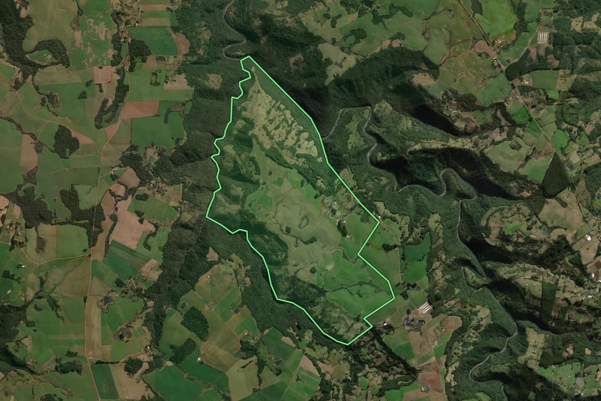 Imagem de satélite do imóvel rural em Faxinalzinho (RS), com o contorno declarado no CAR desenhado por cima.