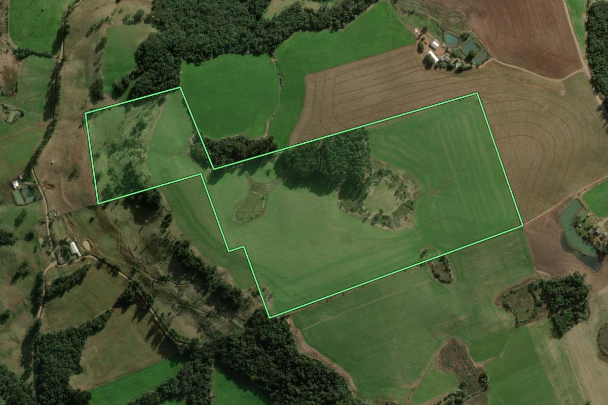 Imagem de satélite do imóvel rural em Faxinalzinho (RS), com o contorno declarado no CAR desenhado por cima.